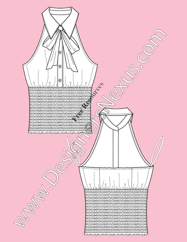 053 Fashion Flat Sketch of a women's, front bow, half placket halter top with a shirt collar and smocked high waist