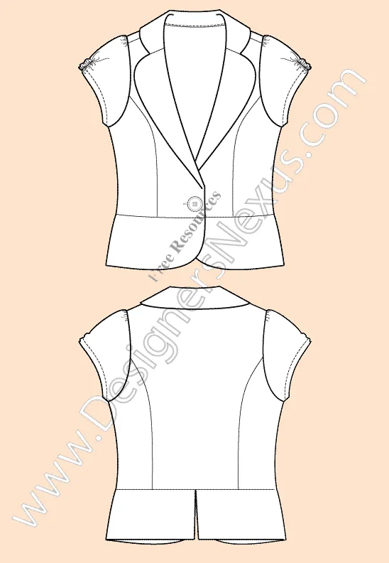 053 Fashion Flat Sketch of a one button women's, peplum, cap sleeves, cropped jacket with round corners collar and lapels