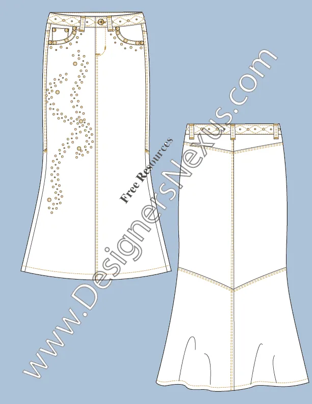 053 Fashion Flat Sketch of a women's, fish tail, maxi skirt with embellishment