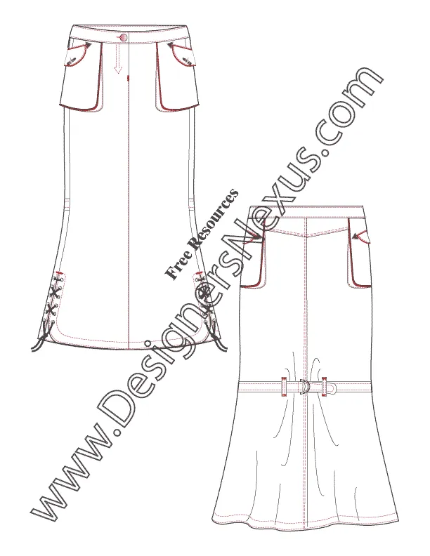 055 Fashion Flat Sketch of a women's, laced sides, fish tail skirt with cargo pockets and d-ring tab at the back