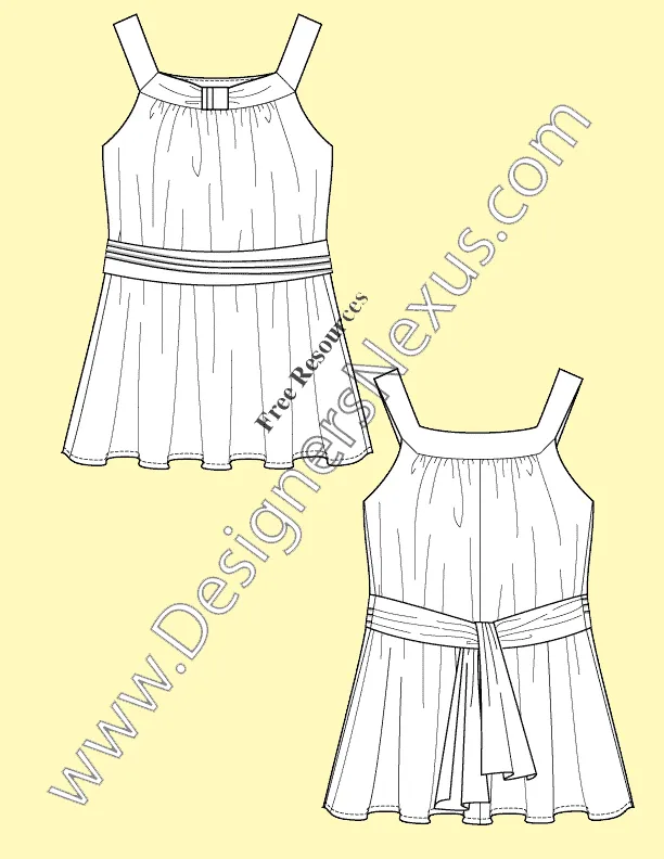 056 Fashion Flat Sketch of a women's, square neck, shoulder strap top, cinched with sash belt