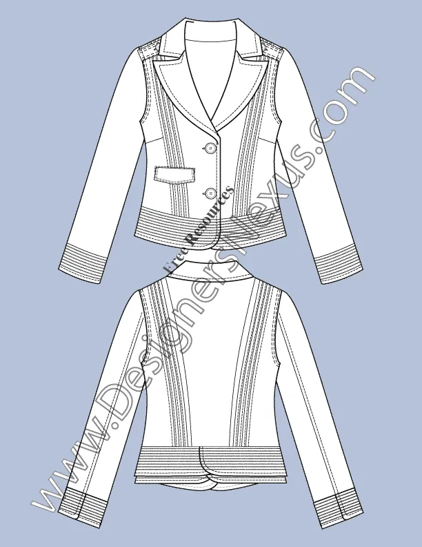059 Fashion Flat Sketch of a women's, 2-button, cropped blazer with decorative tucks