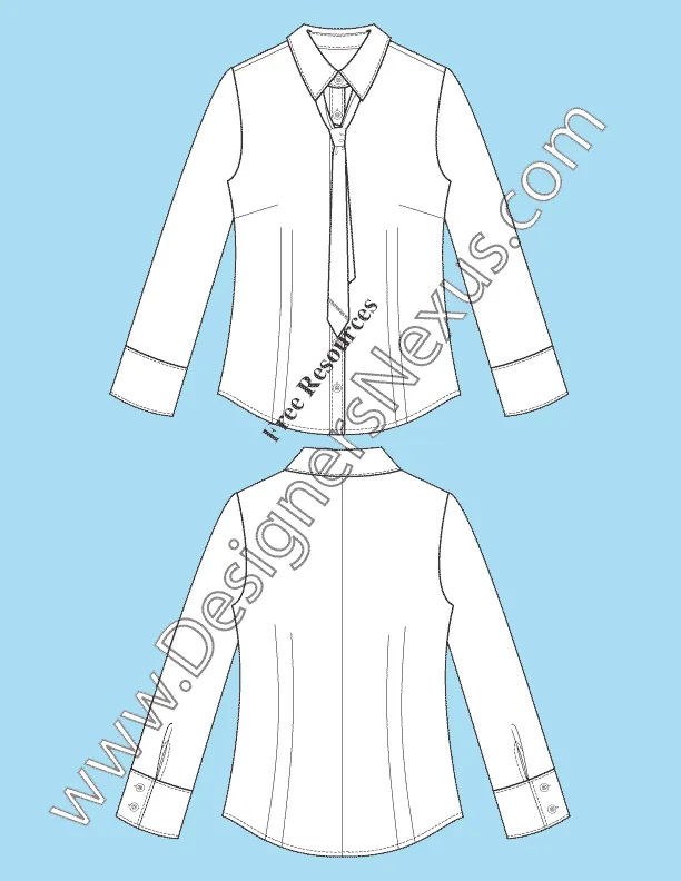 060 fashion flat sketch of a women's, front tie, fitted shirt