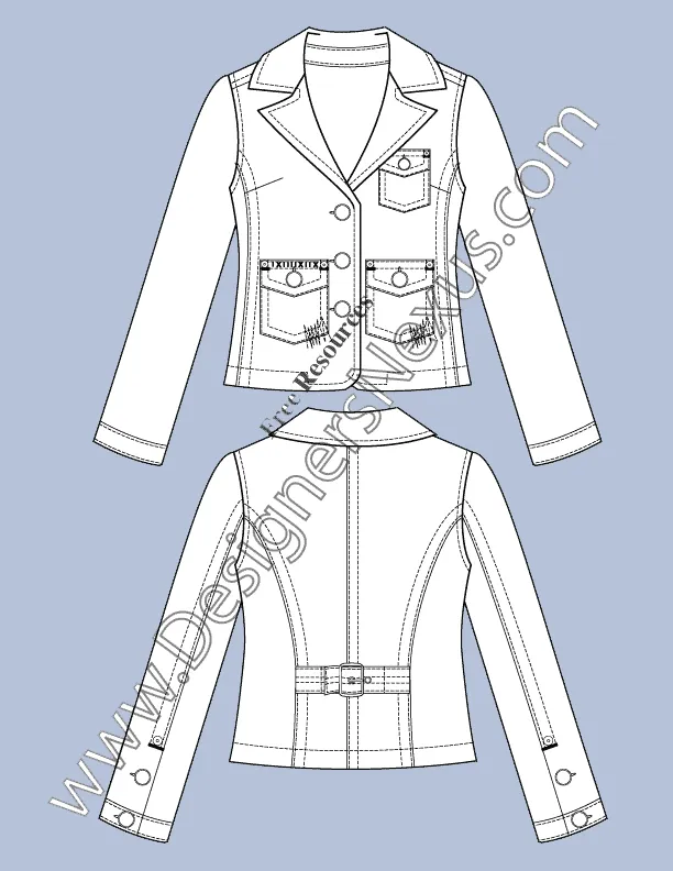 061 fashion flat sketch of a women's, patch pockets, cropped jacket with buckled tab at the back