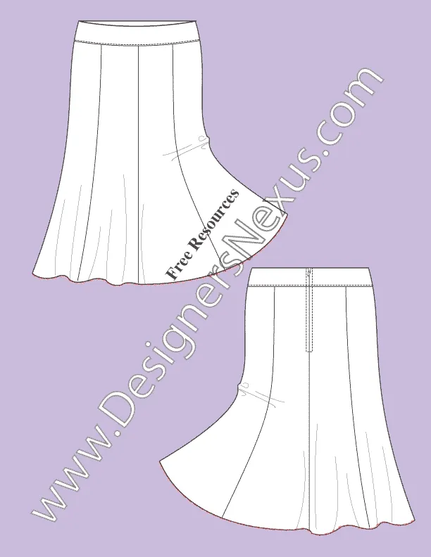 062 fashion flat sketch of a women's, 8 panels, gored skirt