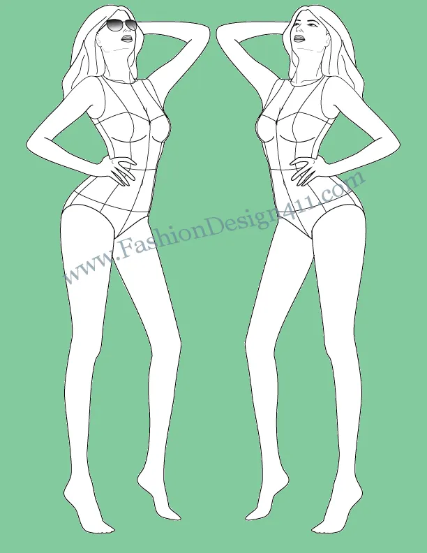 Side View, Female Model Fashion Croqui Template (063) - group K7