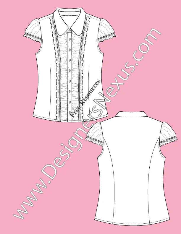 063 fashion flat sketch of a women's, ruched front, cup sleeves blouse with ruffles