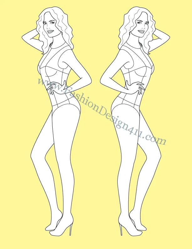 Side View, Female Model Fashion Croqui Template (064) - group K7