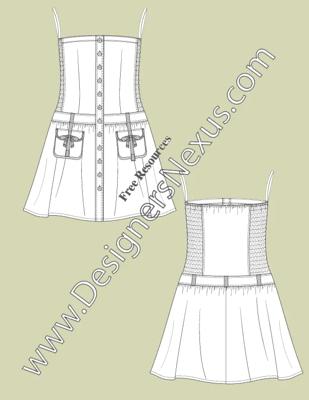 065 fashion flat sketch of a women's, button down, smocking at side panels, strapless dress with flared skirt and patched pockets