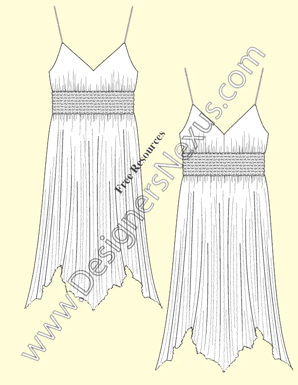 066 fashion flat sketch of a handkerchief hemline, women's, spaghetti strap, dress with smocked waistline