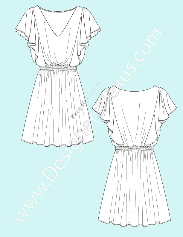 067 fashion flat sketch of a women's, v-neckline flatter sleeves dress with smocked waistline