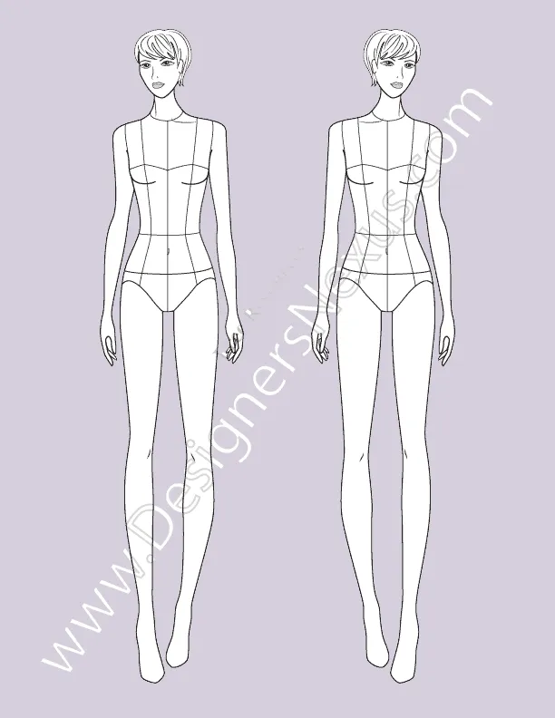 068 Women's fashion croqui template of a front view K-Girl Model with garment style lines - group 11