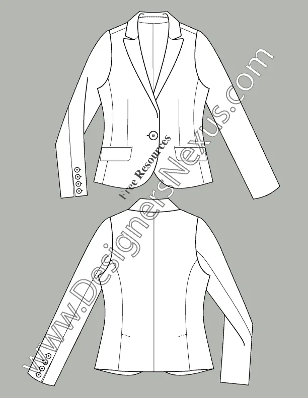 068 fashion flat sketch of a women's, one button blazer