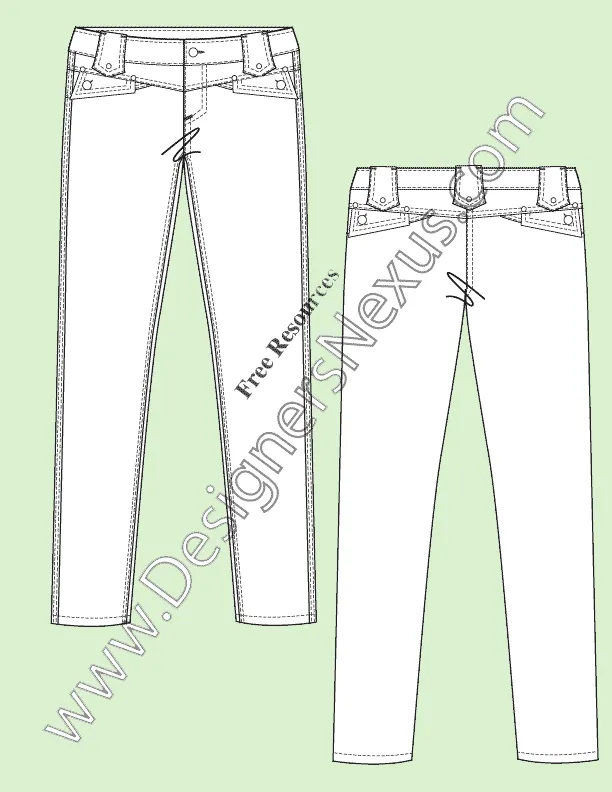 069 fashion flat sketch of a women's, low waist, skinny jeans with novelty pockets and waistband tabs