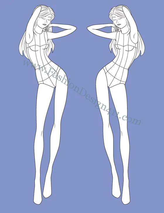 Front View, Female Model Fashion Croqui Template (069) - group K6