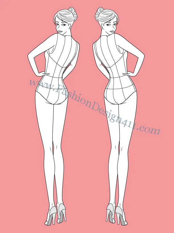 Back View, Female Model Fashion Croqui Template (071) - group K6