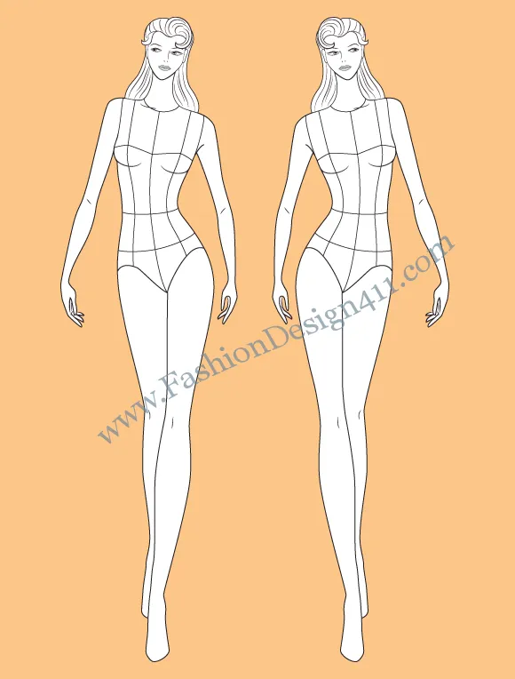 Walking, Front View, Female Model Fashion Croqui Template (072) - group K6