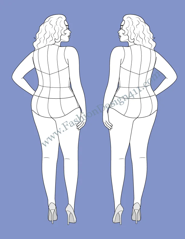 Plus size, back view, female fashion croqui template (073) - group K5