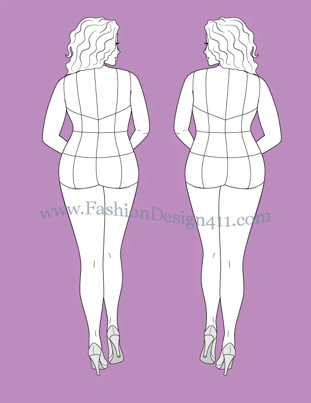 Plus size, back perspective, female fashion croqui template (074) - group K5