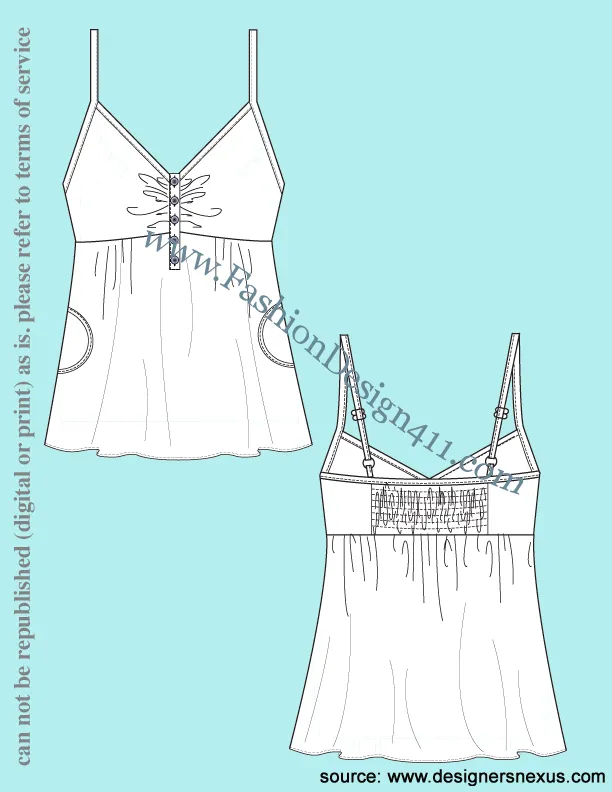 074 fashion flat sketch of a women's, sweetheart neckline, button-up, half placket camisole with smocking at the back