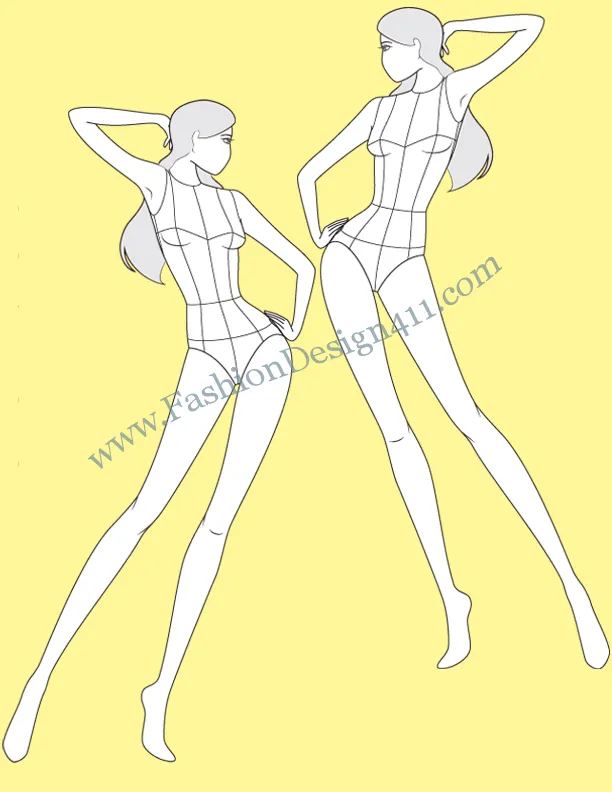 Front View, Female Model Fashion Croqui Template (075) - group K6