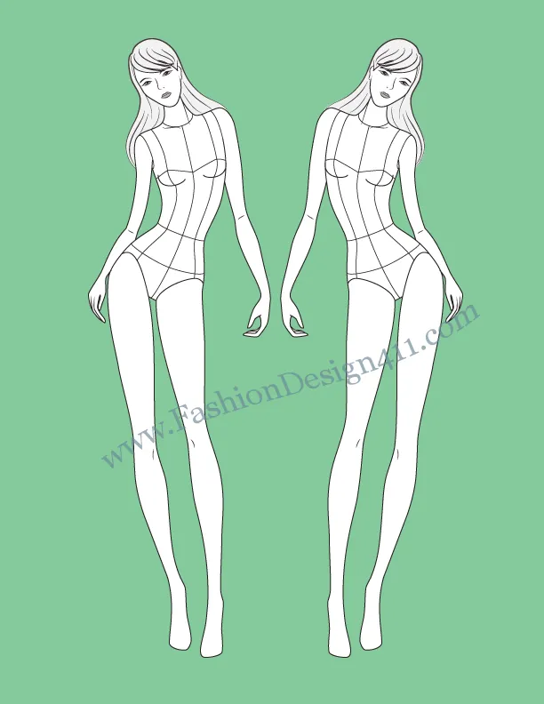 Front View, Female Model Fashion Croqui Template (076) - group K6