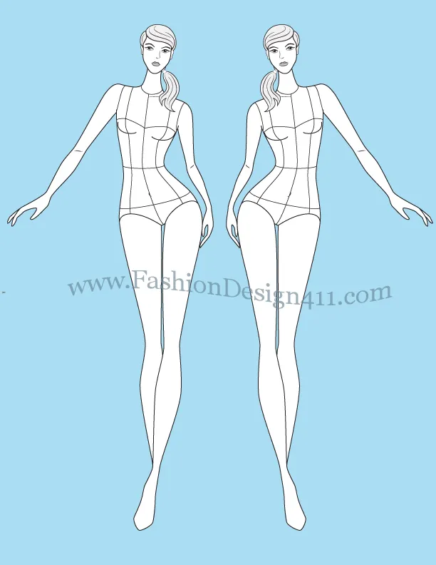 Front View, Walking, Female Model Fashion Croqui Template (077) - group K6