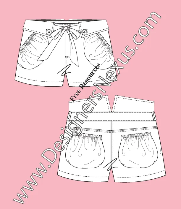 093 fashion flat sketch of a women's, pouch pockets, belted shorts with folded waistband