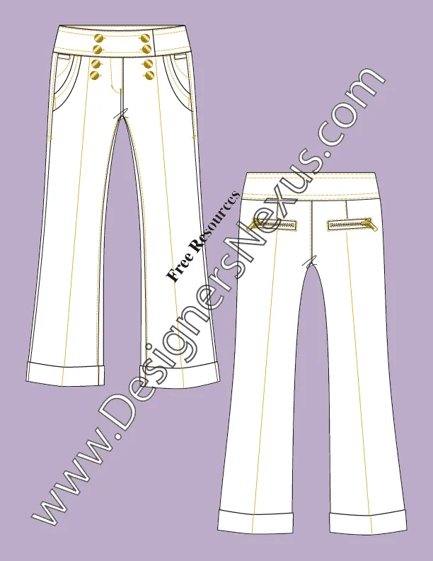 094 fashion flat sketch of a women's, sailor style, boot cut pants