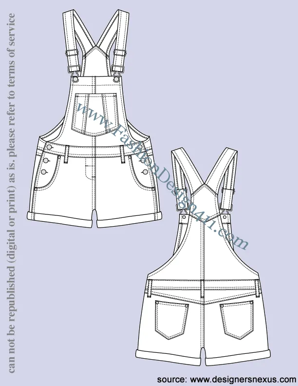 095 fashion flat sketch of a classic shortalls (overall)
