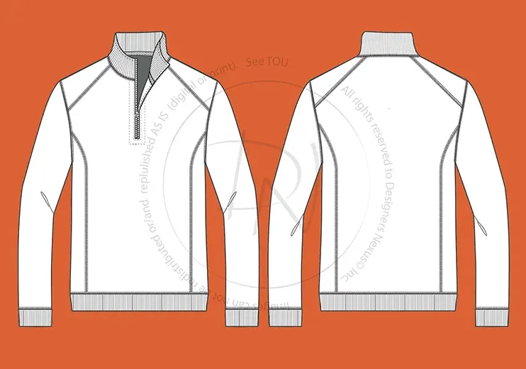 Men's Zip-Up Pullover, Sweatshirt Fashion Flat Sketch (1008)