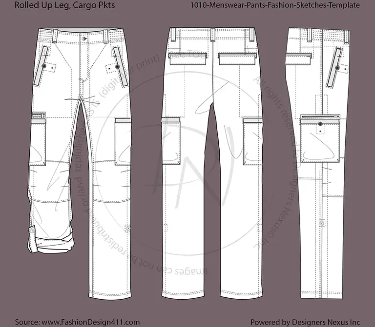 Men's Roll-up Leg Cargo Pants Fashion Flat Sketch (1010)