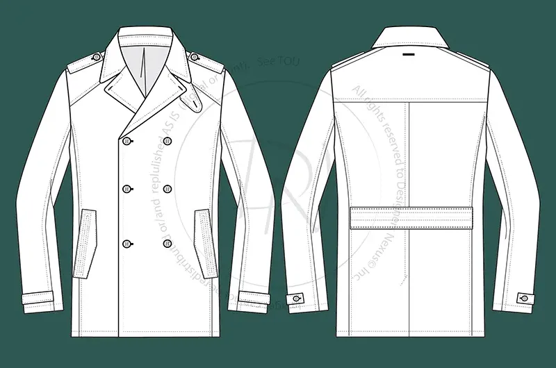 Men's Peacoat Jacket Flat Fashion Sketch (1012)