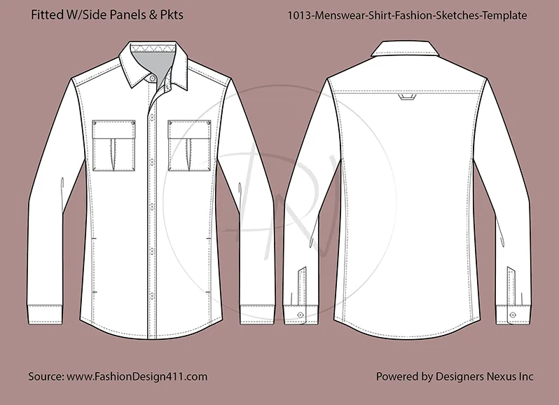 Men's Safari Style Chest Pockets, Fitted Shirt Fashion Sketch