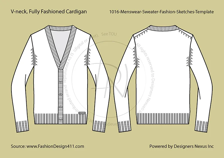 Men's V-Neck Fully Fashioned Cardigan fashion flat sketch