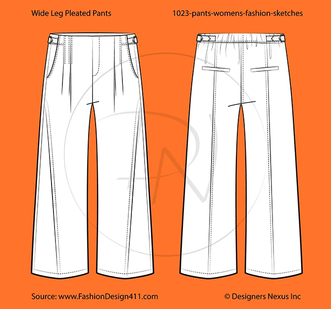 Women's Wide Leg, Pleated Pant Fashion Flat Sketch (1023)