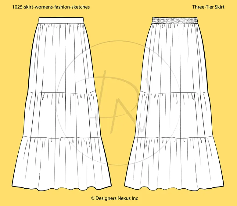 Women's Three Tiers Skirt Fashion Flat Sketch (1025)