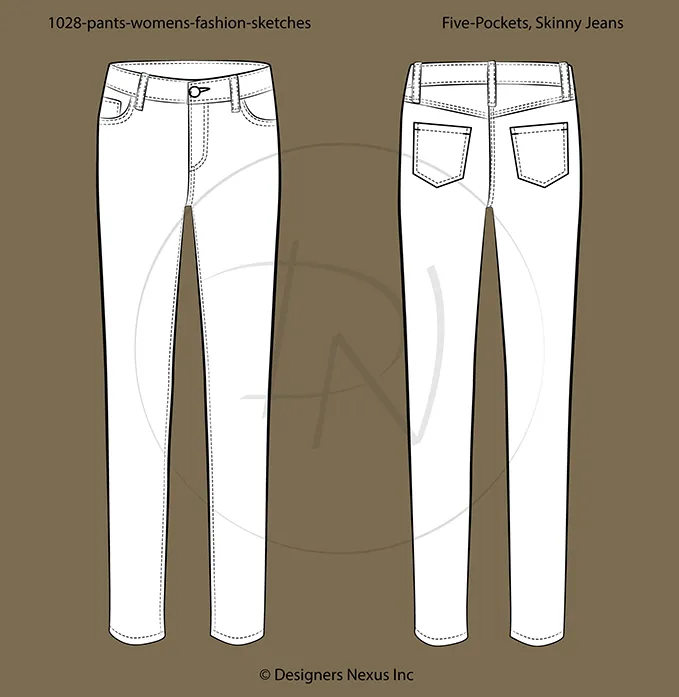 Women's Five Pockets, Skinny Jeans Fashion Flat Sketch (1028)