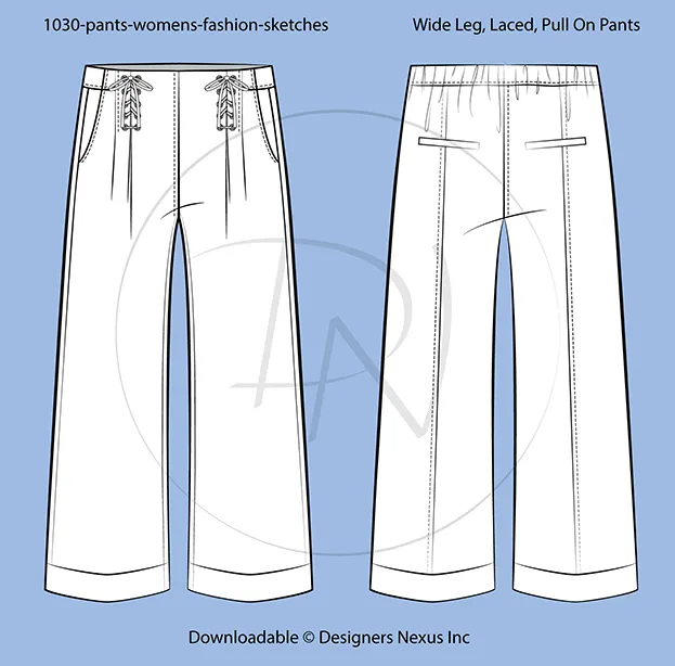 Women's Laced-Up Cuffed Pant Fashion Flat Sketch (1030)