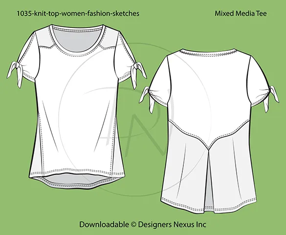 Women's Inverted, Back Pleat Tee Fashion Flat Sketch (1035)