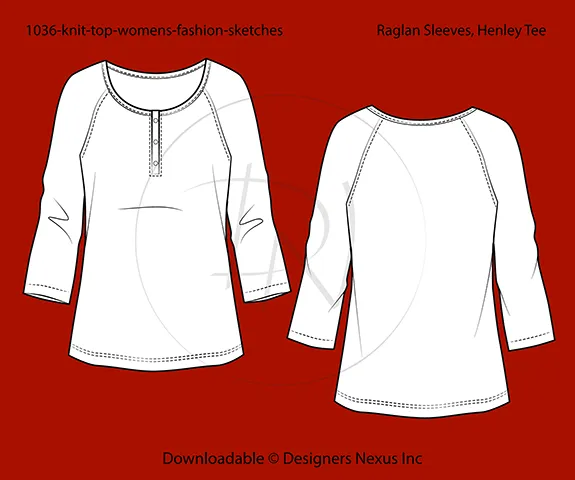 Women's Raglan Sleeves, Henley Knit Top Fashion Flat Sketch (1036)