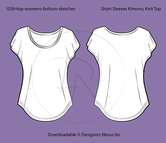 Women's Short, Kimono Sleeve Tee Fashion Sketch (1039)