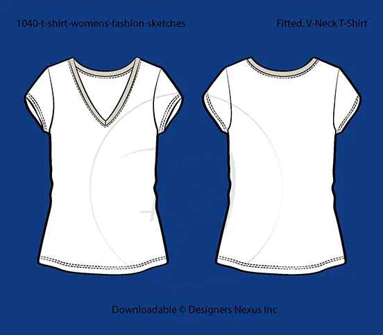 Women's Deep V-Neck T-Shirt Fashion Flat Sketch (1041)