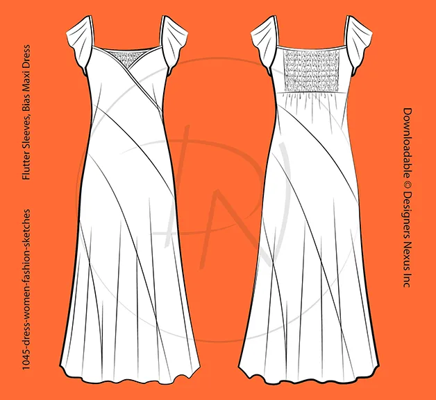 Women's Tiered, Maxi Dress on Bias - Fashion Flat Sketch (1045)