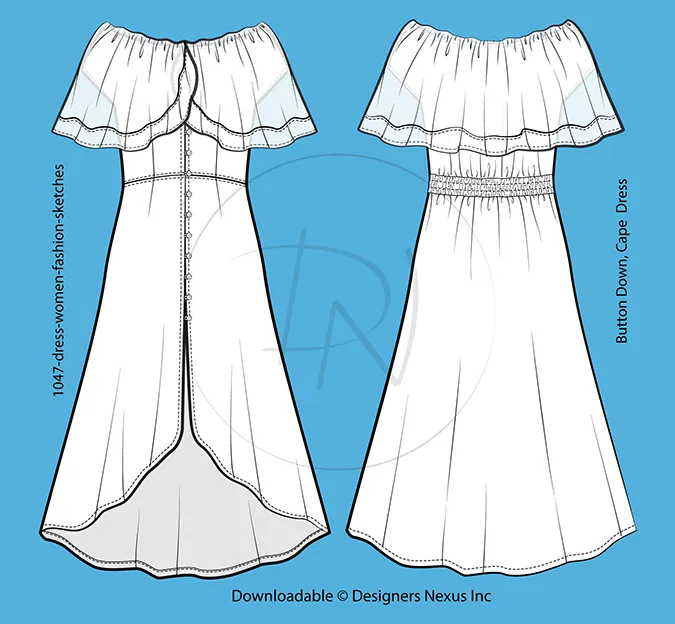Women's, Maxi, Cape Dress Flat Sketch (1047)