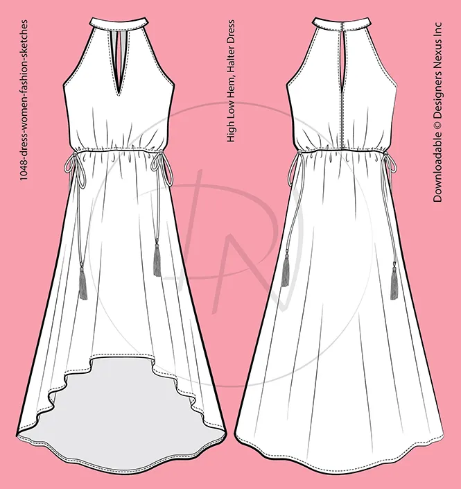High Low, Long Hemline Dress Fashion Sketch (1049)