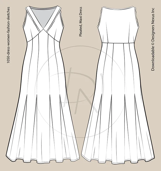 Women's Pleated Skirt Maxi Dress - Fashion Flat Sketch (1050)