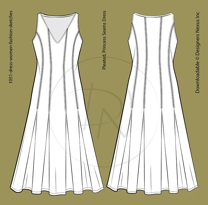 Women's Soft Pleats, Maxi Dress - Fashion Flat Sketch (1051)