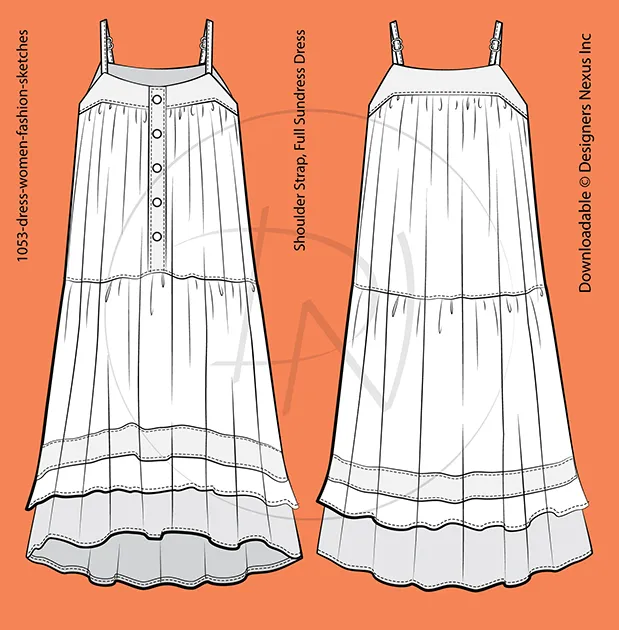 Women's Spaghetti Straps Summer Dress Flat Sketch (1053)