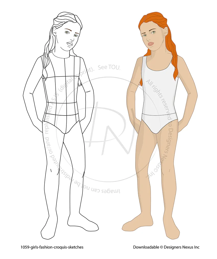 3/4 View Girls' Croqui Template and Sketch (1059)